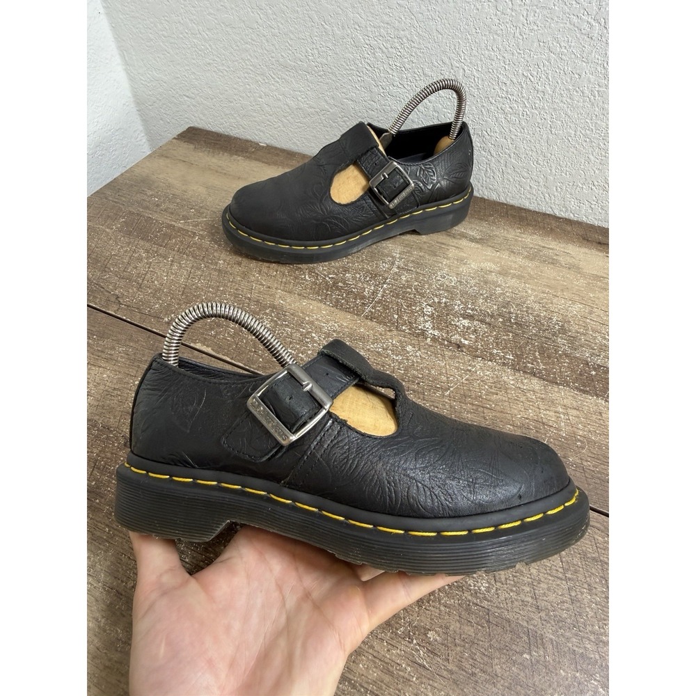 Dr Martens Polley Mary Jane Shoes Womens Size 6 Black Embossed Leather T Bar